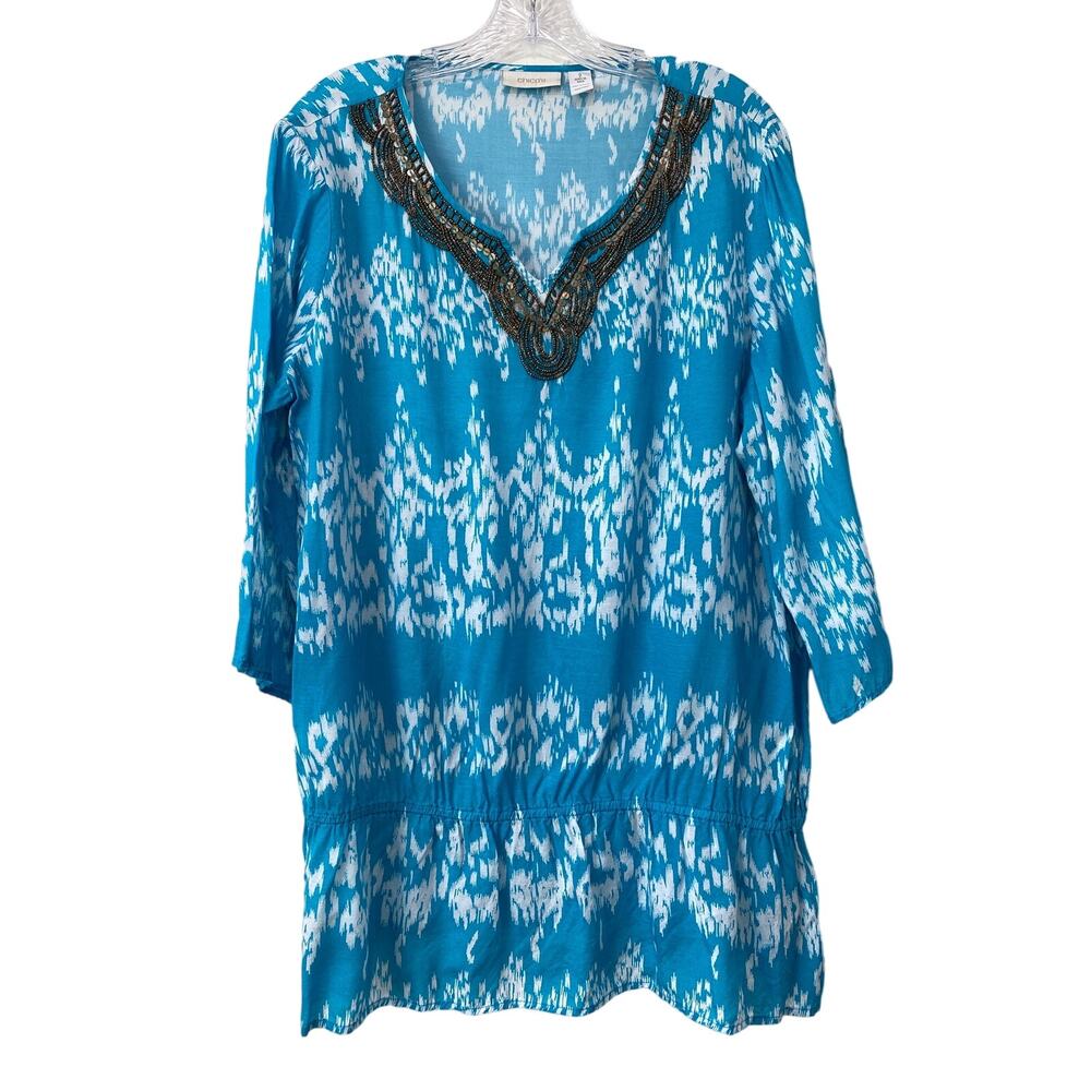 Chicos Embellished Blue Ikat Print Tunic Top‎ Size L 2 Swim Cover Up Beaded Boho
